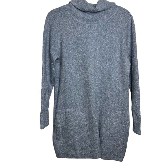 J JILL Blue HEAVIER KNIT Cowl Neck Long Pullover Tunic w/ Pockets Size Medium - Picture 1 of 6
